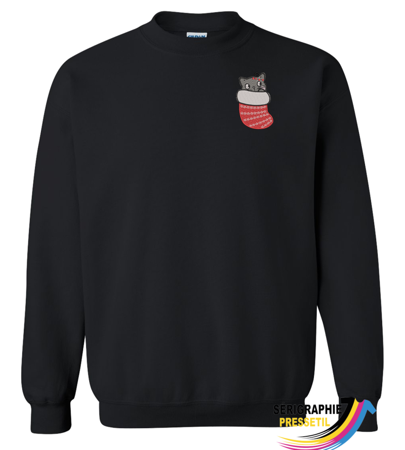 Sweatshirt Noël unisexe – Broderie chaton dans bas de Noël