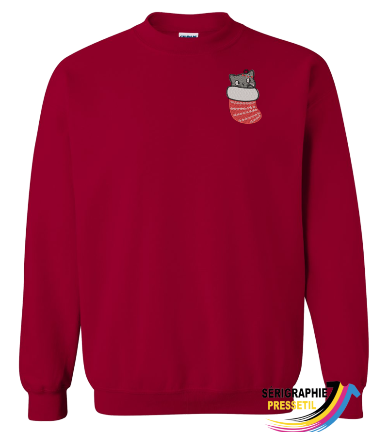 Sweatshirt Noël unisexe – Broderie chaton dans bas de Noël